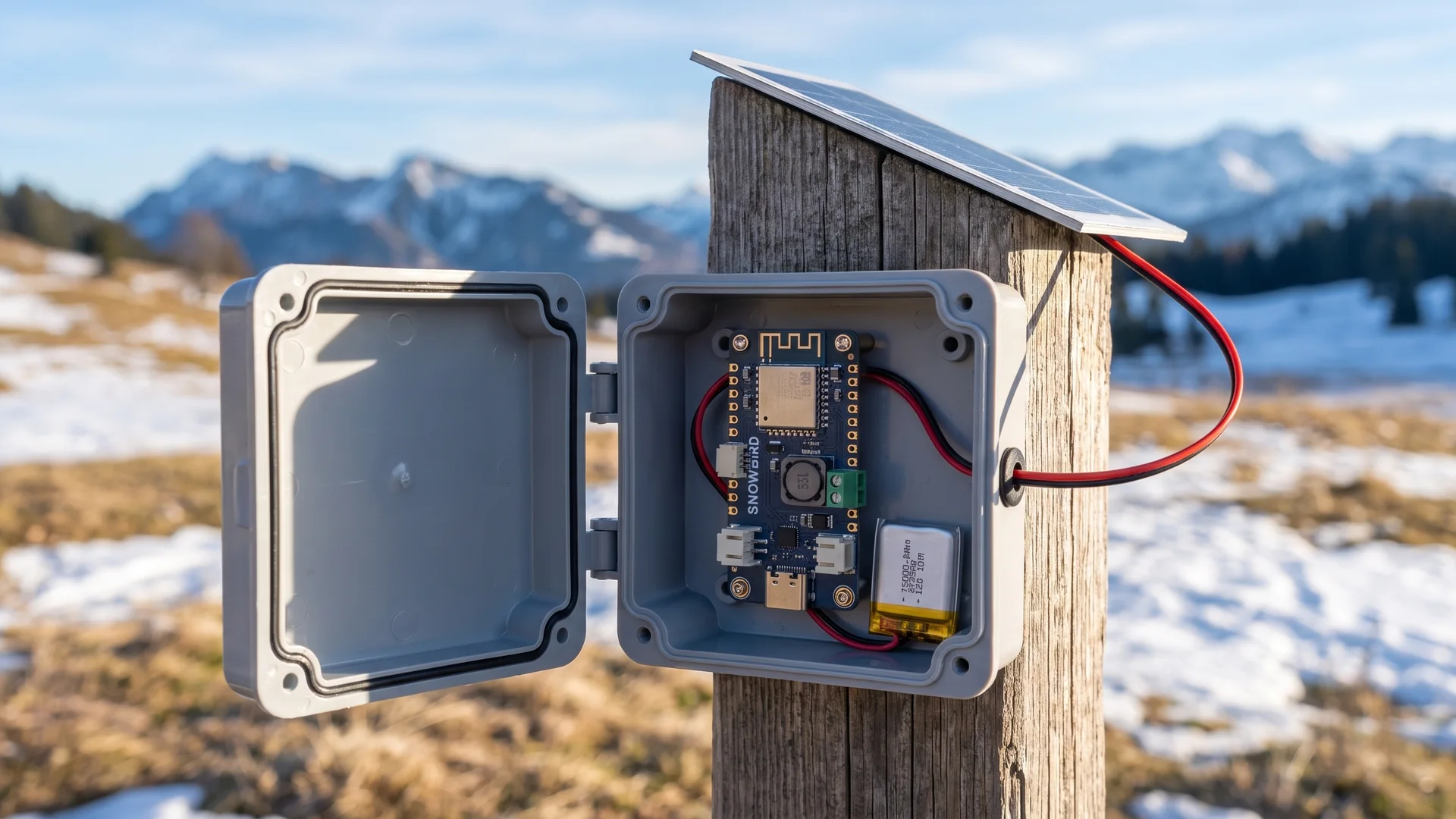 An open weatherproof enclosure on a wooden post in a snowy alpine meadow, a Snowbird Feather 1S and a pouch cell mounted inside it, wired to a small solar panel angled toward the morning sun.